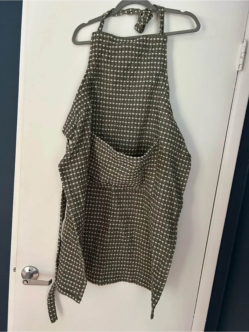 Crate&Barrel Olive Waffle Chambray Apron with White Dots
